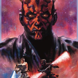 以下が含まれることがあります： スターウォーズをテーマにしたイラスト。ダース・モールは赤と黒の顔、角、黄色の目。ライトセーバーを持った2人の人物が戦闘シーンにいる。背景は赤と紫の混合。
