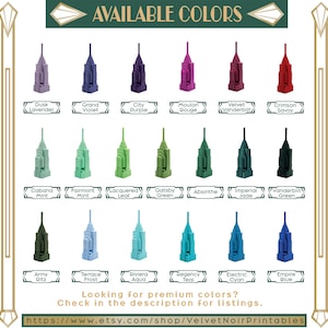 K&ouml;nnte beinhalten: Eine Farbkarte mit achtzehn Miniatur-Wolkenkratzer-Figuren in verschiedenen Farbt&ouml;nen, darunter Dusk Lavender, Grand Violet, City Purple, Moulon Rouge, Velvet Vanderbilt, Crimson Savoy, Cabana Mint, Fairmont Mint, Lacquered Leaf, Gatsby Green, Absinthe, Imperial Jade, Vanderbilt Green, Army Ritz, Terrace Frost, Riviera Aqua, Regency Teal, Electric Cyan und Empire Blue.