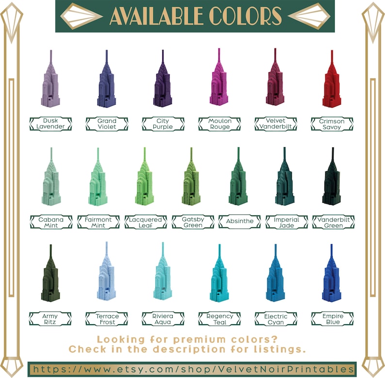 K&ouml;nnte beinhalten: Eine Farbkarte mit achtzehn Miniatur-Wolkenkratzer-Figuren in verschiedenen Farbt&ouml;nen, darunter Dusk Lavender, Grand Violet, City Purple, Moulon Rouge, Velvet Vanderbilt, Crimson Savoy, Cabana Mint, Fairmont Mint, Lacquered Leaf, Gatsby Green, Absinthe, Imperial Jade, Vanderbilt Green, Army Ritz, Terrace Frost, Riviera Aqua, Regency Teal, Electric Cyan und Empire Blue.