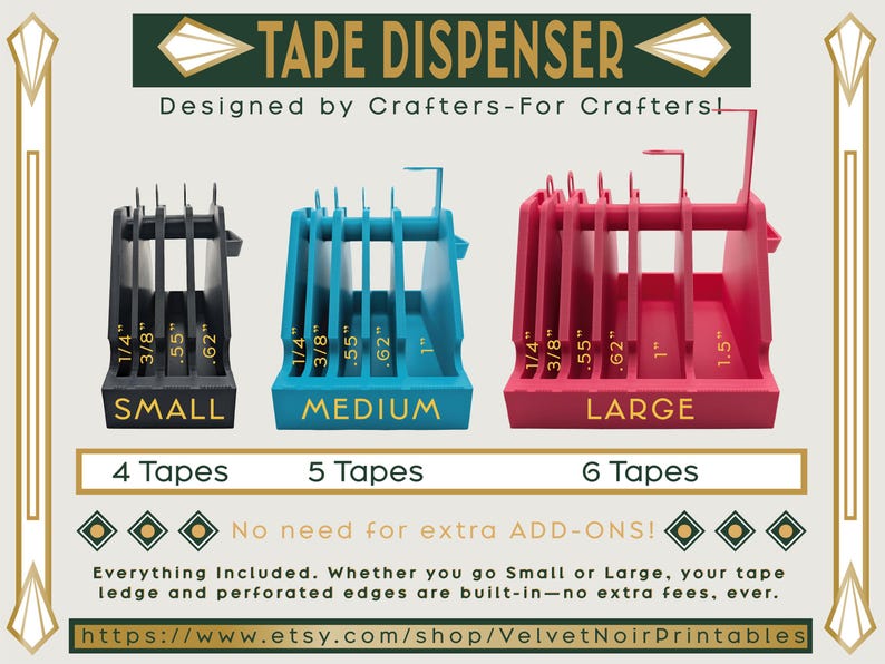 May include: Three tape dispensers in black, teal, and pink labelled Small, Medium, and Large. The Small holds 4 tapes, Medium holds 5, and Large holds 6. Each features slots marked with measurements from 1/4 inch to 1.5 inches for tape organisation.