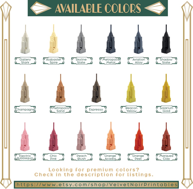 May include: A colour chart displaying fifteen miniature skyscraper figurines in various shades, including Gallery Stark, Alabaster Spire, Skyline Slate, Metropolis Metal, Aviation Alloy, Shadow Slate, Champagne, Metropolis Sand, Espresso, Beacon Yellow, Solarium Gold, Electric Bubblegum, Chic Pink, Peach Blush, Orange Acadia, Orange Peel, and Marquee Clay.