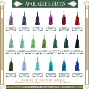 May include: A colour chart displaying eighteen miniature skyscraper figurines in various shades including Dusk Lavender, Grand Violet, City Purple, Moulon Rouge, Velvet Vanderbilt, Crimson Savoy, Cabana Mint, Fairmont Mint, Lacquered Leaf, Gatsby Green, Absinthe, Imperial Jade, Vanderbilt Green, Army Ritz, Terrace Frost, Riviera Aqua, Regency Teal, Electric Cyan, and Empire Blue.