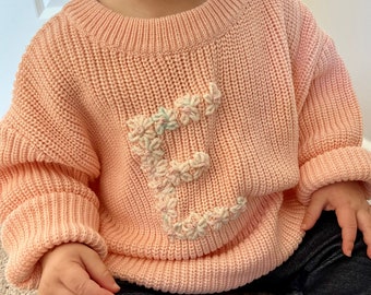 Floral Initial Sweater, Custom Knit Sweater, Hand Embroidered Letter Sweater, Baby Announcement, Baby Shower Gift