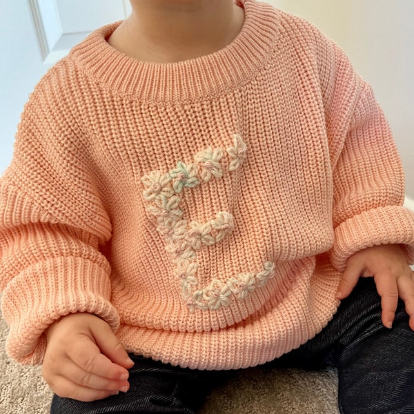 Floral Initial Sweater, Custom Knit Sweater, Hand Embroidered Letter Sweater, Baby Announcement, Baby Shower Gift