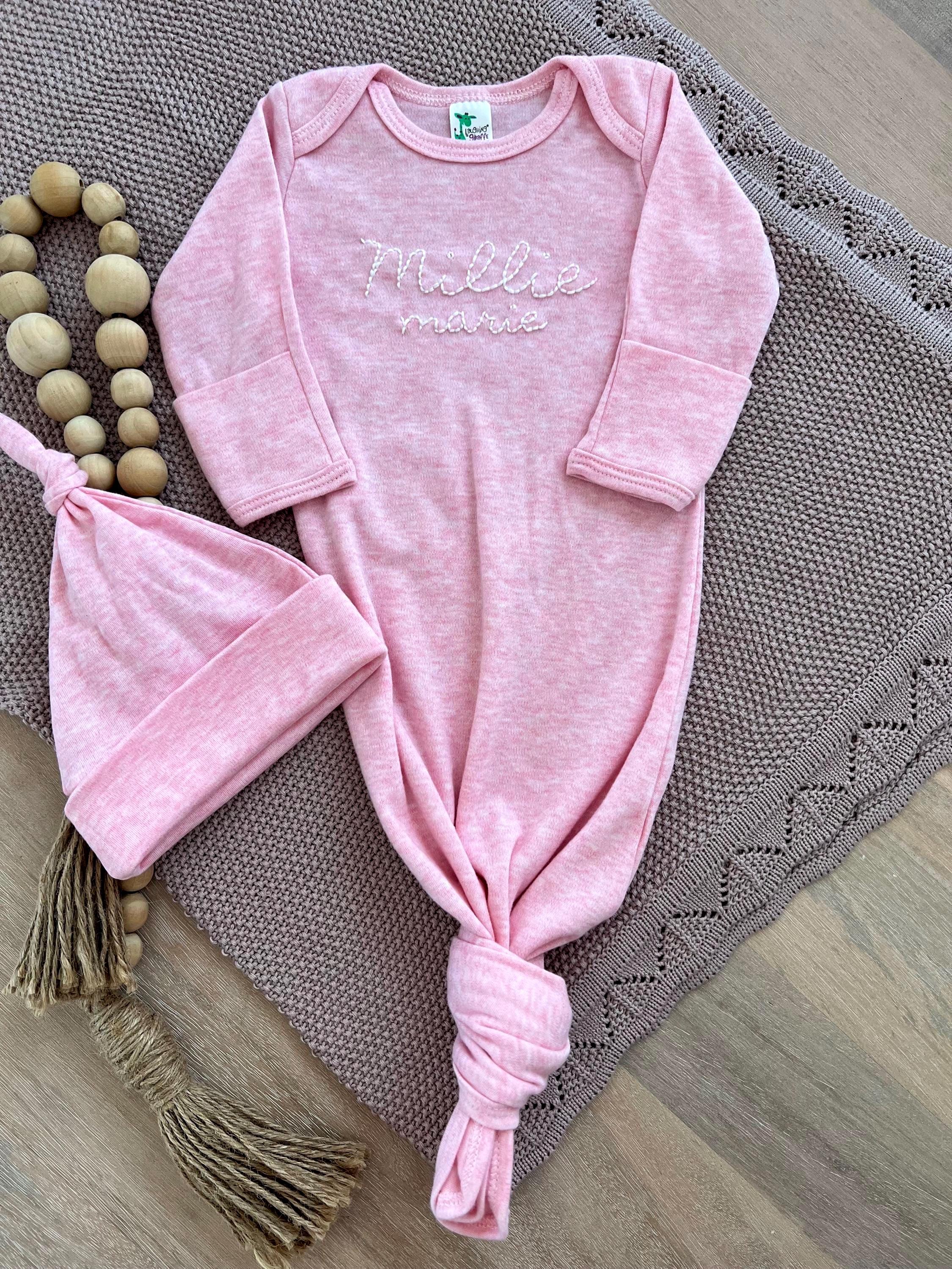Hand embroidered baby girl knotted gown with hat, personalized newborn outfit