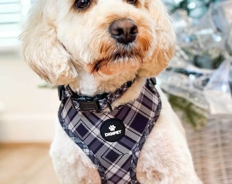 Hundegeschirr, Halsband und Leine Komplettset - Schwarz und Weiß Karo Tartan