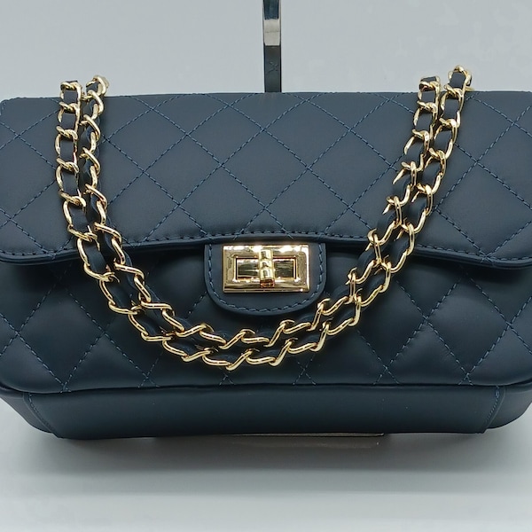 Italian Genuine Leather Quilted Handbag (Medium) Blue – Made In Italy