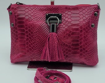 Italian Snake Embossed Genuine Leather Crossbody Handbag – Made In Italy - Fuchsia