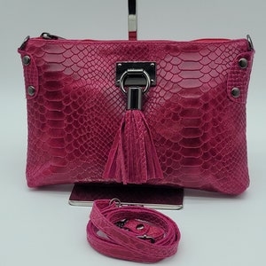 Italian Snake Embossed Genuine Leather Crossbody Handbag – Made In Italy - Fuchsia