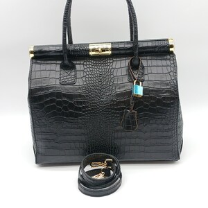 Italian Lock & Key Genuine Croc Embossed Leather Handbag Satchel