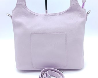 Italian Genuine Pebble Leather Shoulder Handbag – Made In Italy – Lilac