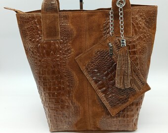 Brahmin Juliette Beige and Dark Brown Large Shoulder Bag Handbag Crocodile Embossed Leather Etsy