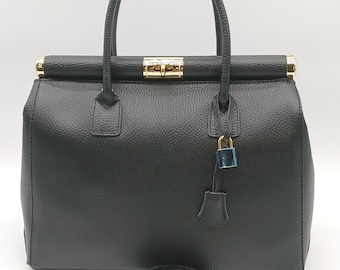 Italian Lock & Key Genuine Pebble Leather Handbag Satchel Black – Made In Italy
