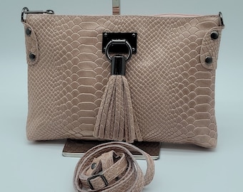 Italian Snake Embossed Genuine Leather Crossbody Handbag – Made In Italy - Pink