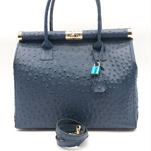 Italian Lock & Key Genuine Ostrich Embossed Leather Handbag Satchel Blue – Made In Italy