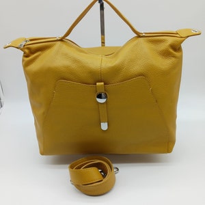 Italian Genuine Pebble Leather Satchel Handbag Mustard Yellow – Made In Italy