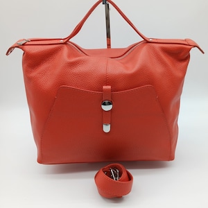 Bolso tipo cartera de piel auténtica italiana color guijarro, color papaya (naranja), fabricado en Italia