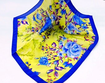 Italian Silk Handkerchief/Neckerchief Yellow Blue Floral Square Scarf 17x17 – Made In Italy