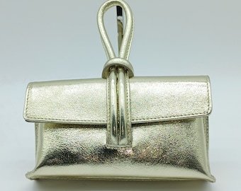 Italian Genuine Pebble Leather Crossbody Handbag Metallic Gold  – Made In Italy