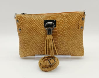 Italian Snake Embossed Genuine Leather Crossbody Handbag – Made In Italy - Cognac Brown