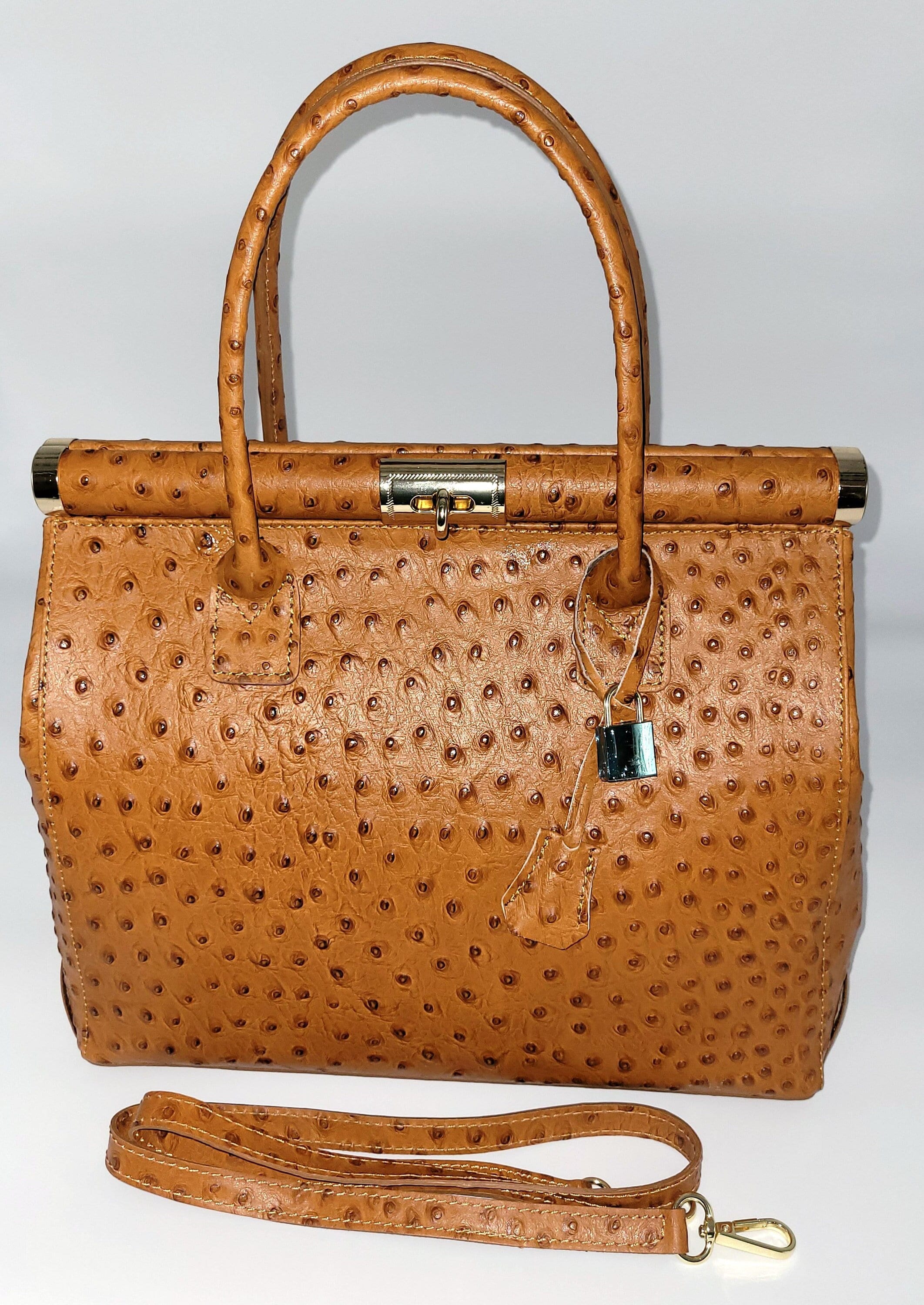 Italian Lock & Key Genuine Ostrich Embossed Leather Handbag 