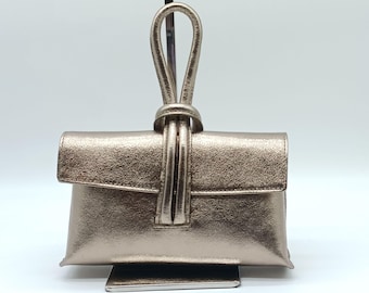 Italian Genuine Pebble Leather Crossbody Handbag Metallic Bronze – Made In Italy