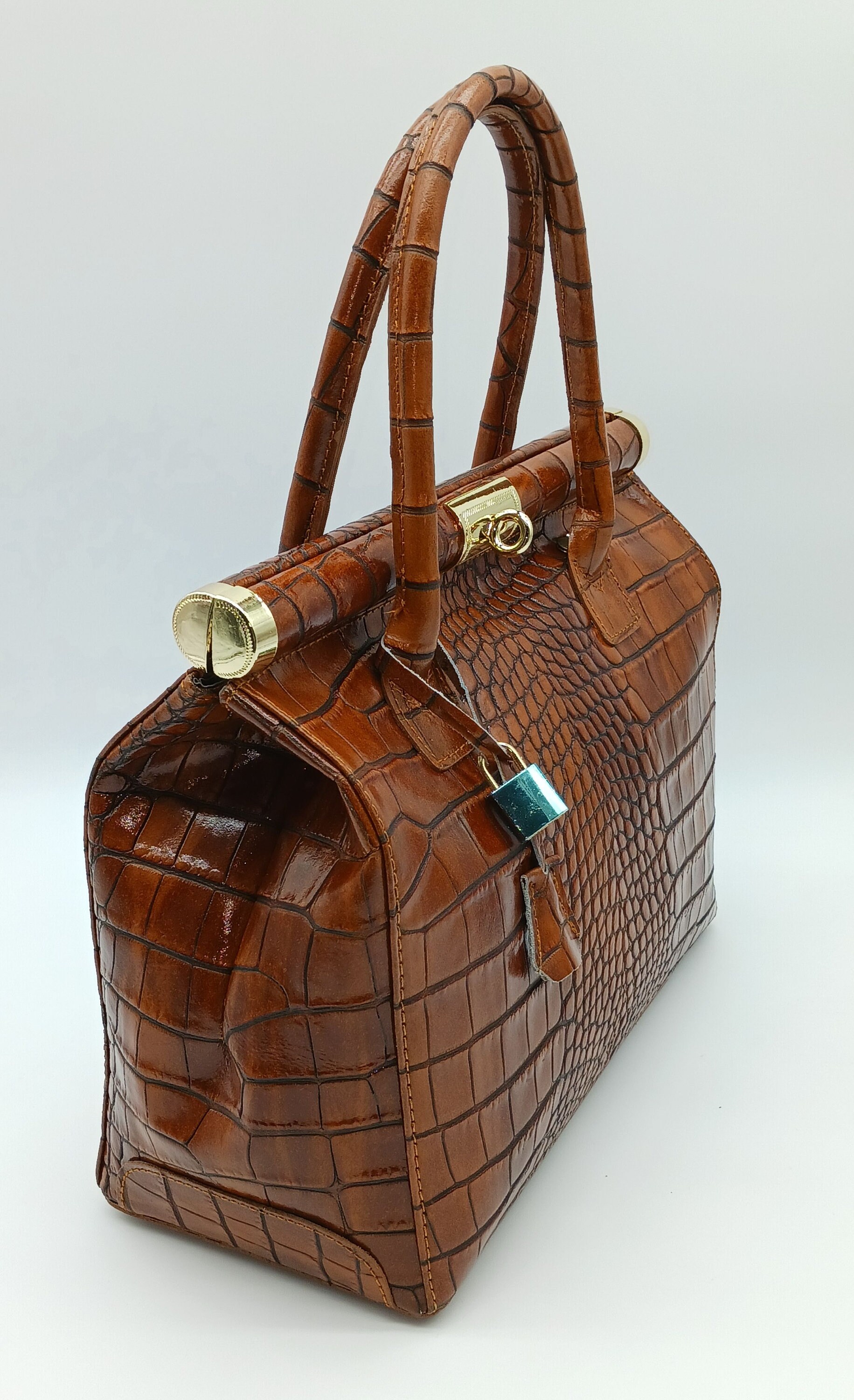 Italian Lock & Key Genuine Croc Embossed Leather Handbag Satchel Brown