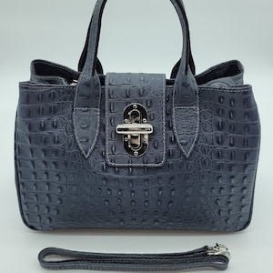 Italian Genuine Leather Croc Embossed Satchel Handbag Dark Gray – Made In Italy