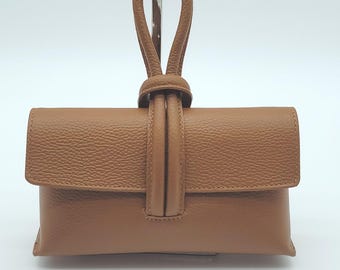 Italian Genuine Pebble Leather Crossbody Handbag Cognac Brown – Made In Italy