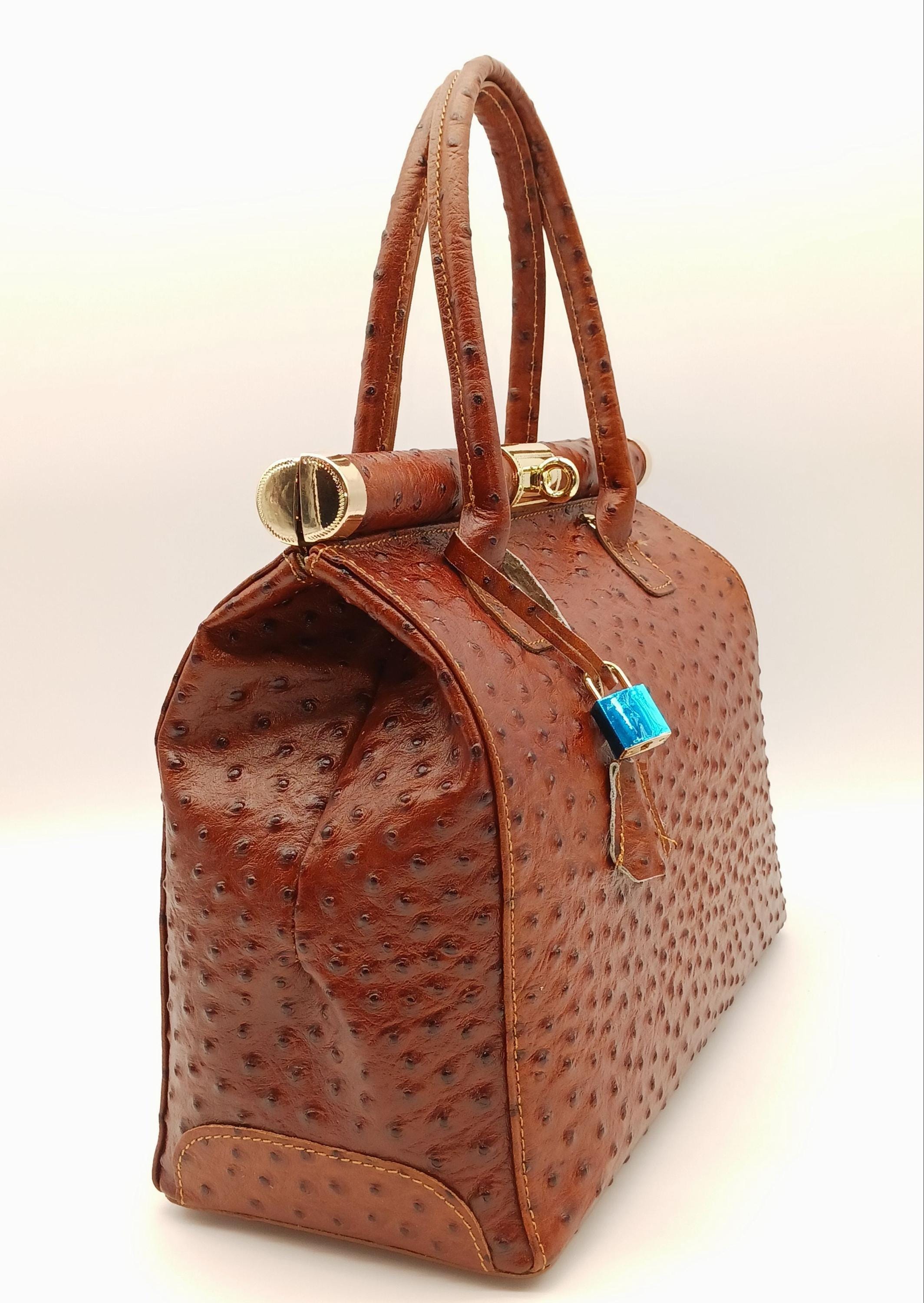 Italian Lock & Key Genuine Ostrich Embossed Leather Handbag Italian Lock & Key Genuine Ostrich Embossed Leather Handbag