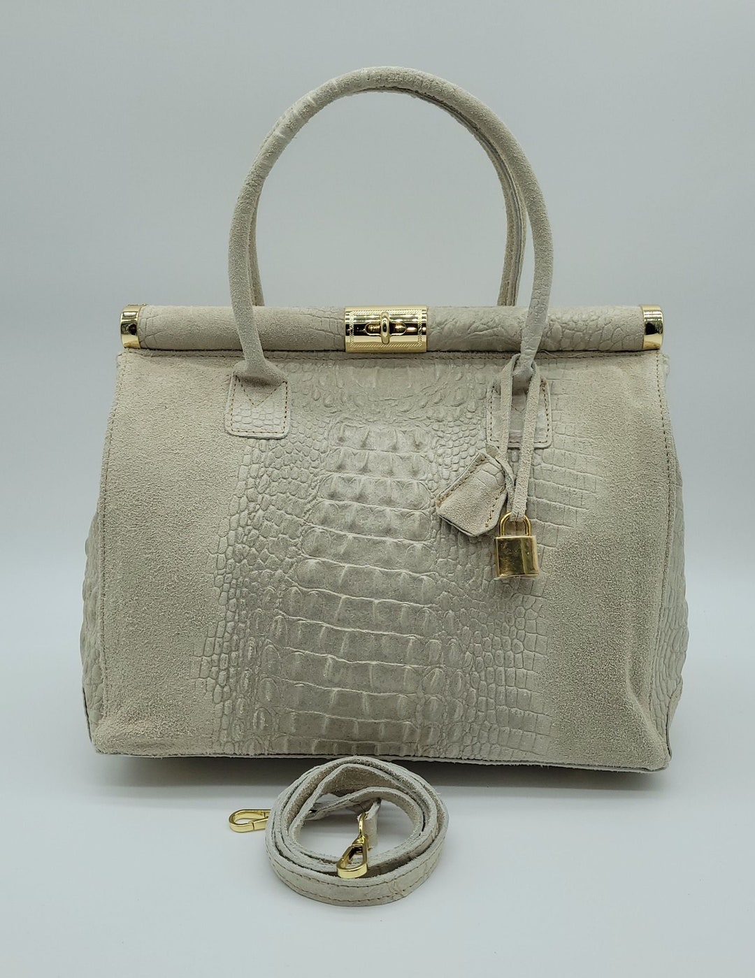 Italian Lock & Key Genuine Croc Embossed Leather Suede Handbag Etsy