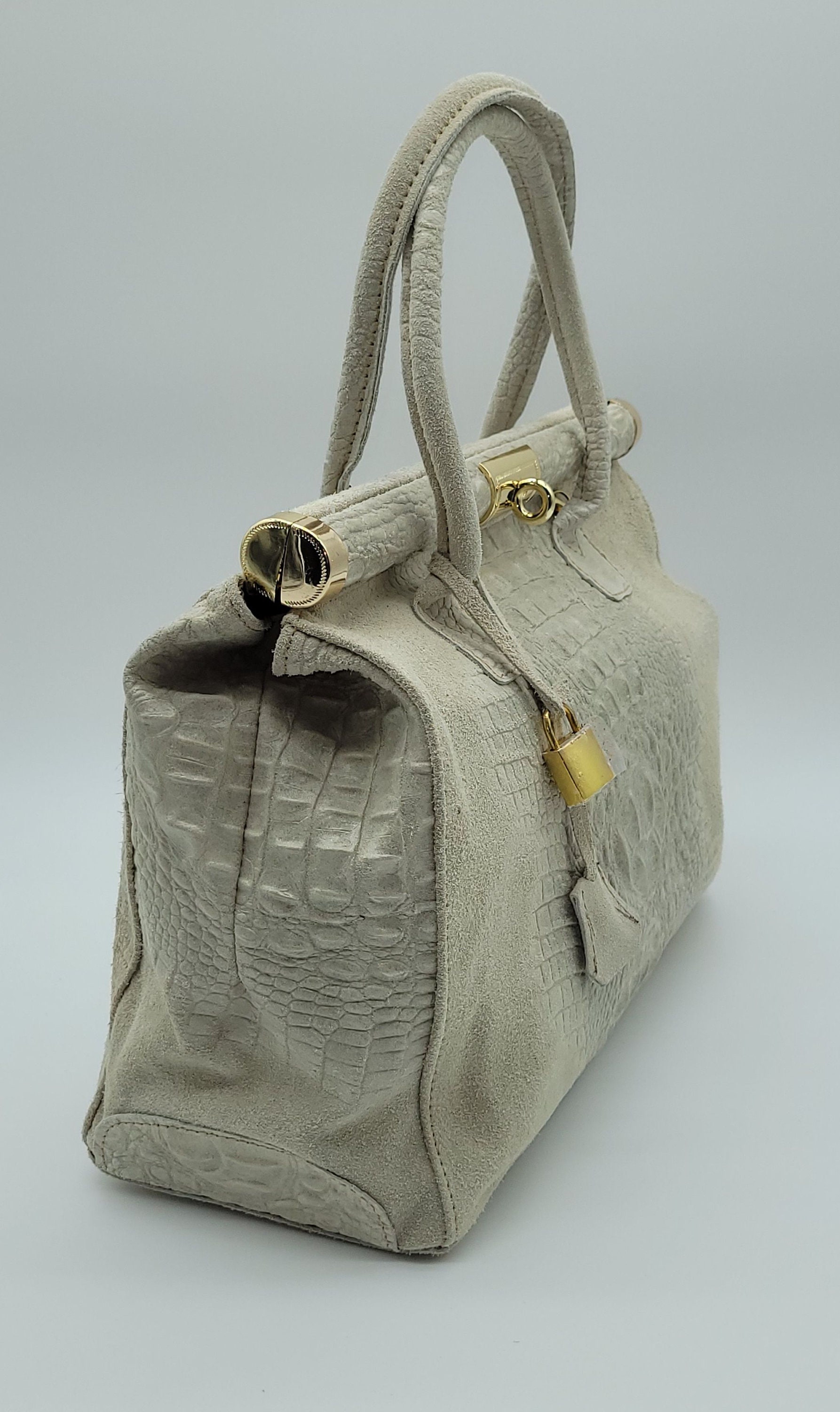 Italian Lock & Key Genuine Croc Embossed Leather Suede Handbag Satchel