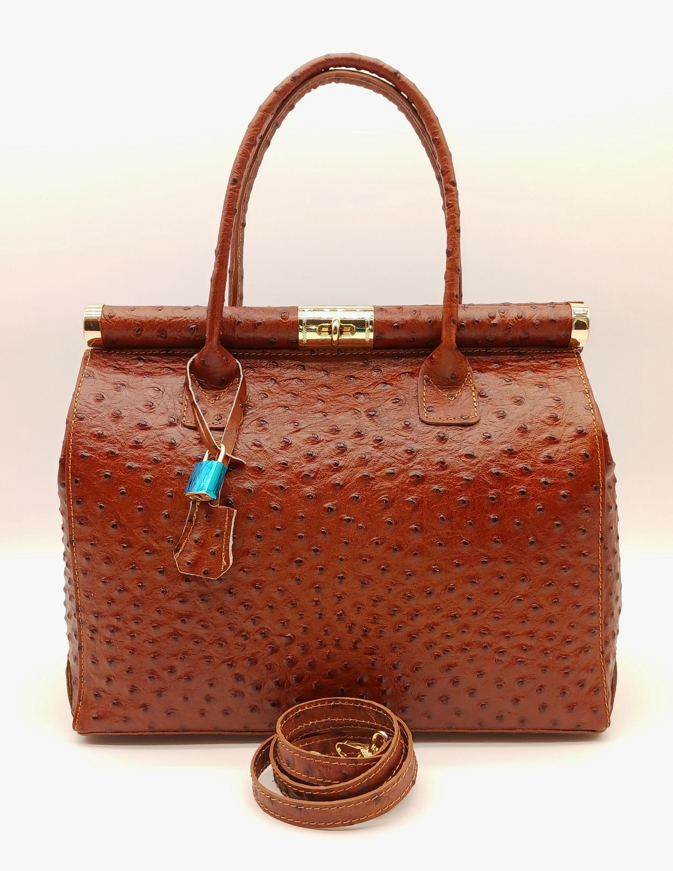 EVANA ITALY BAG オーストリッチ Italian Lock & Key Genuine Ostrich Embossed Leather Handbag