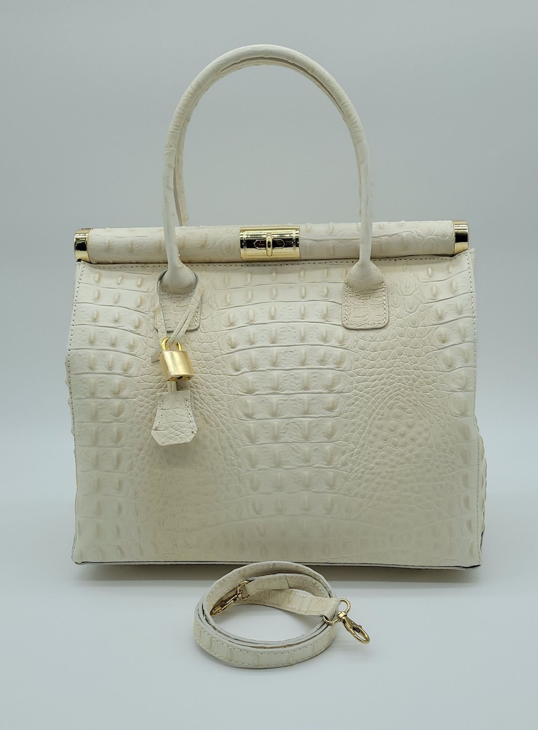 Italian Lock & Key Genuine Croc Embossed Leather Handbag Satchel Beige