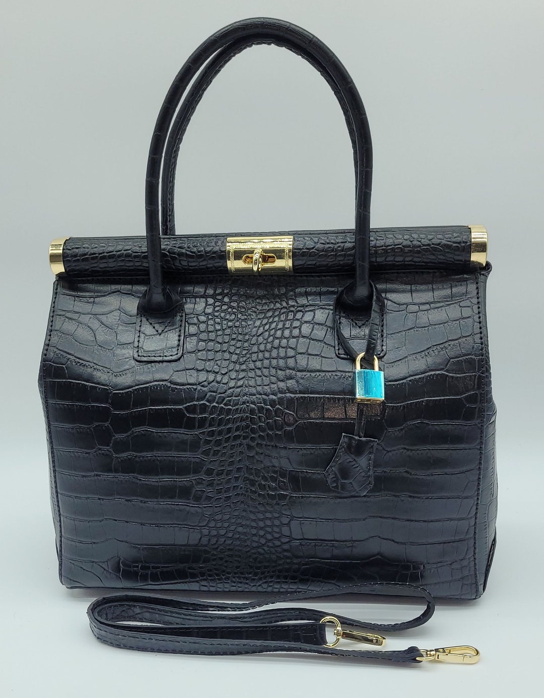 Italian Lock & Key Genuine Croc Embossed Leather Handbag Etsy