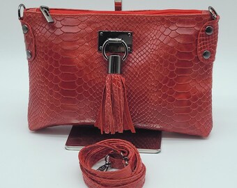 Italian Snake Embossed Genuine Leather Crossbody Handbag – Made In Italy - Red