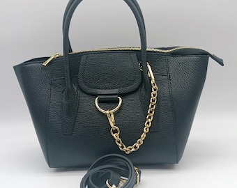 Italian Black Genuine Pebble Leather Satchel Shoulder Handbag – Made In Italy