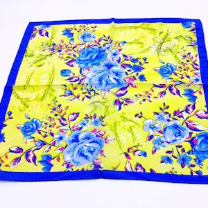 Italian Silk Handkerchief/Neckerchief Yellow Blue Floral Square Scarf 17x17 – Made In Italy