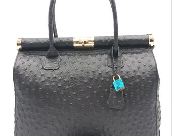EVANA ITALY BAG オーストリッチ Italian Lock & Key Genuine Ostrich Embossed Leather Handbag