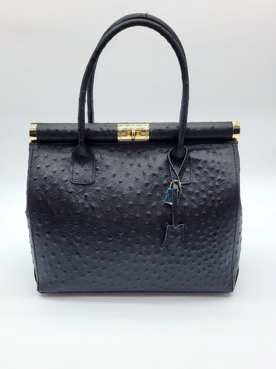 Italian Lock & Key Genuine Ostrich Embossed Leather Handbag