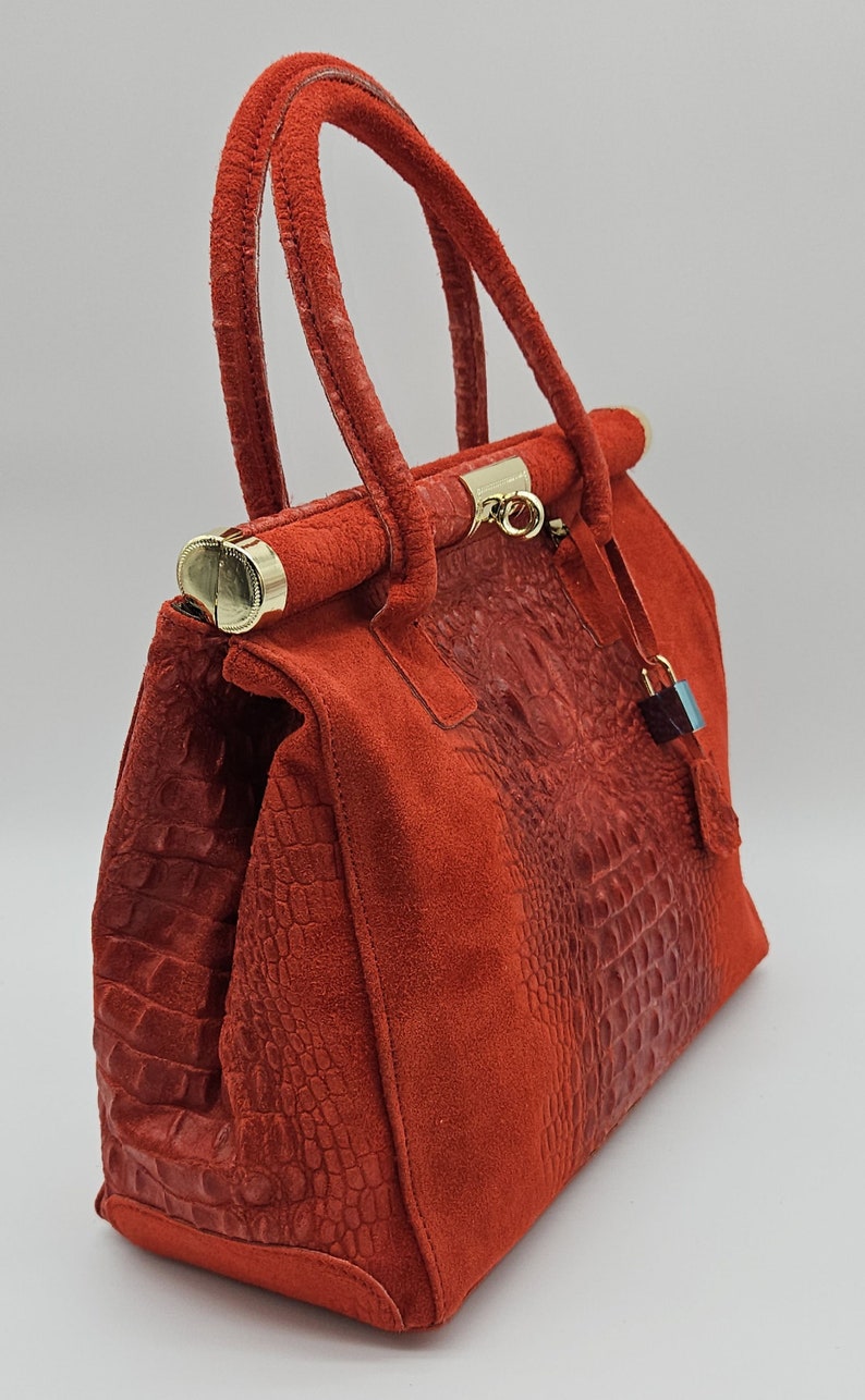 Italian Lock & Key Genuine Croc Embossed Leather Suede Handbag Satchel