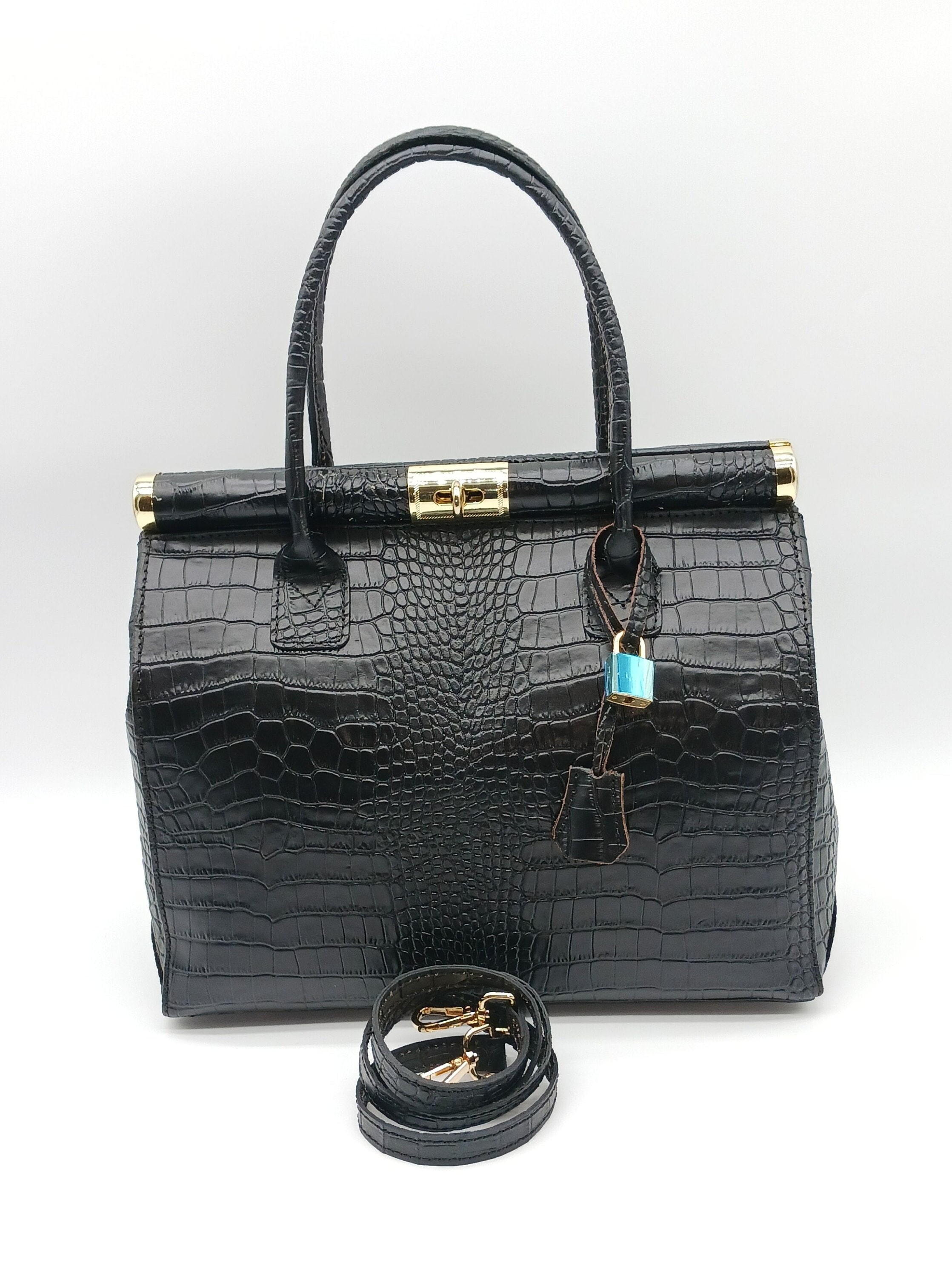 Italian Lock & Key Genuine Croc Embossed Leather Handbag Satchel