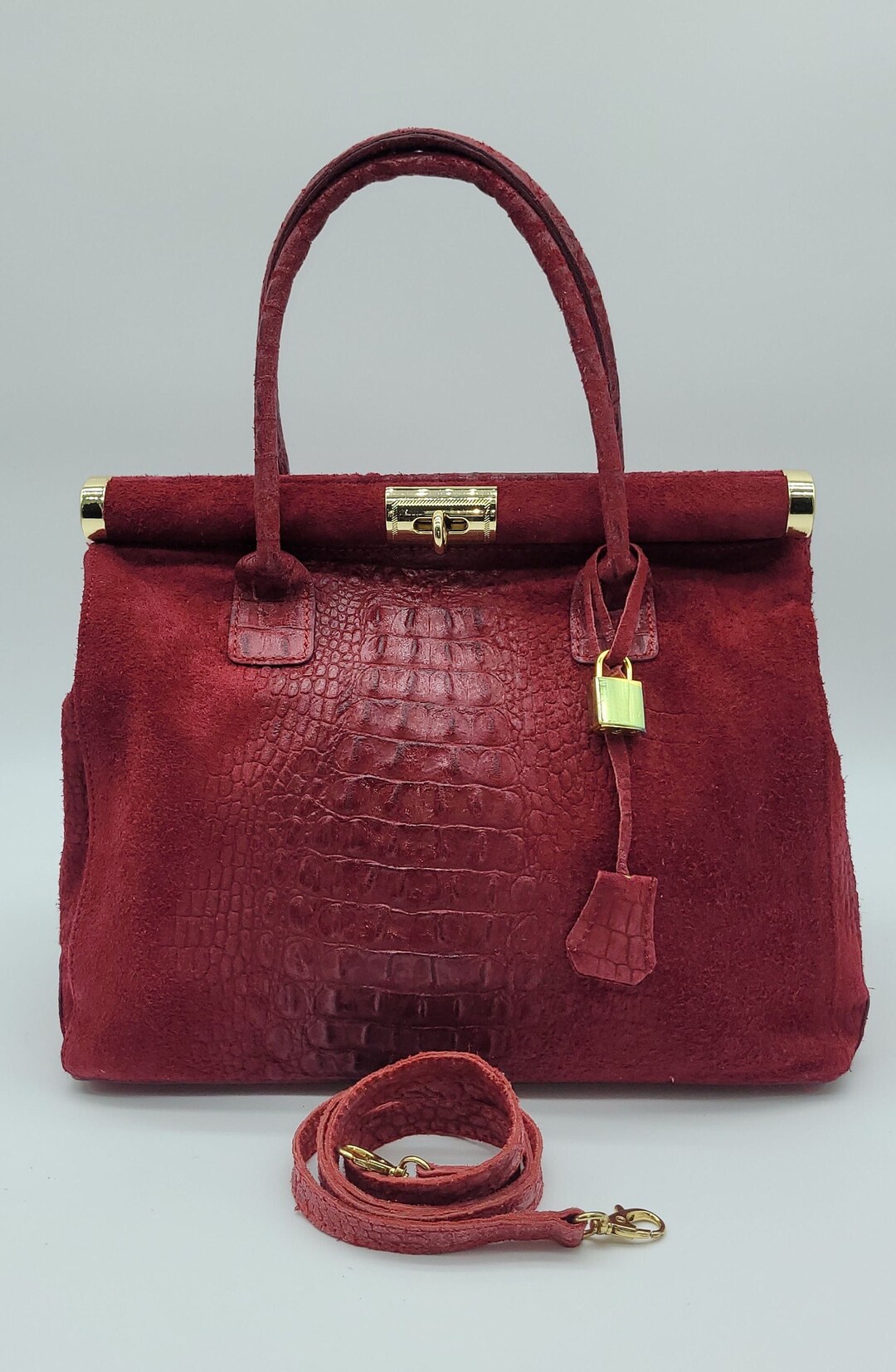 Italian Lock & Key Genuine Croc Embossed Leather Suede Handbag Satchel