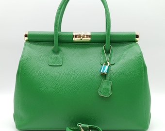 Italian Lock & Key Genuine Ostrich Embossed Leather Handbag