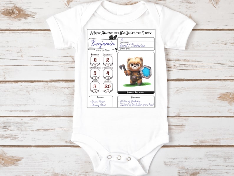 Personalized Baby Character Sheet Onesie Custom Dnd Baby Announcement