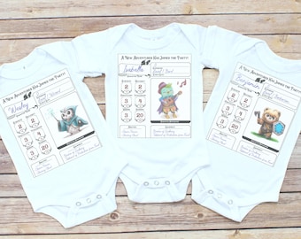 Personalized Baby Character Sheet One-Piece | Custom DnD Baby Announcement, DnD Baby Clothing, RPG Baby Stats, Gamer Baby Gifts, D&D Baby