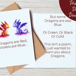 Draken zijn een rode kaart | RPG DnD-kaart, print thuis digitale download, Dragon Valentine, DnD-verjaardag, Geeky Couple Card