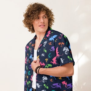 Dragon Pattern Button Down Hawaiian Shirt | Fun Unisex Summer Shirt, Retro DnD Shirt | Geeky Hawaiian Shirts | Nerdy Fantasy Clothes
