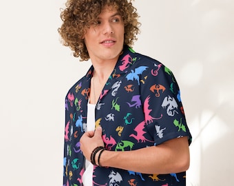 Dragon Pattern Button Down Hawaiian Shirt | Fun Unisex Summer Shirt, Retro DnD Shirt | Geeky Hawaiian Shirts | Nerdy Fantasy Clothes