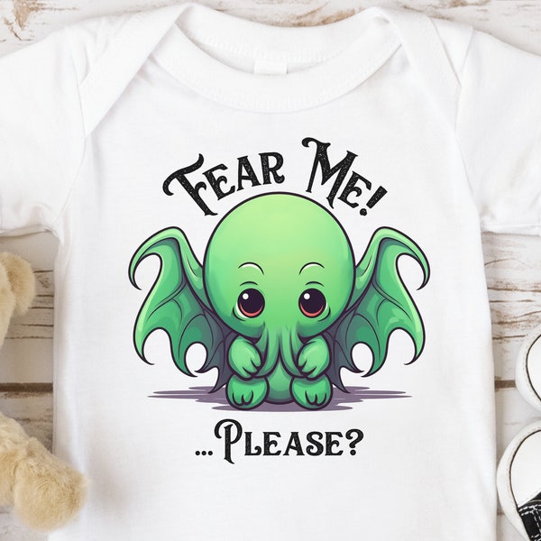 Baby Cthulhu - Baby One-Piece - Fear Me! Please? | Cute Mythos Baby Clothes, Geeky Baby Shower, Lovecraft Bodysuit, Goth Baby Gifts